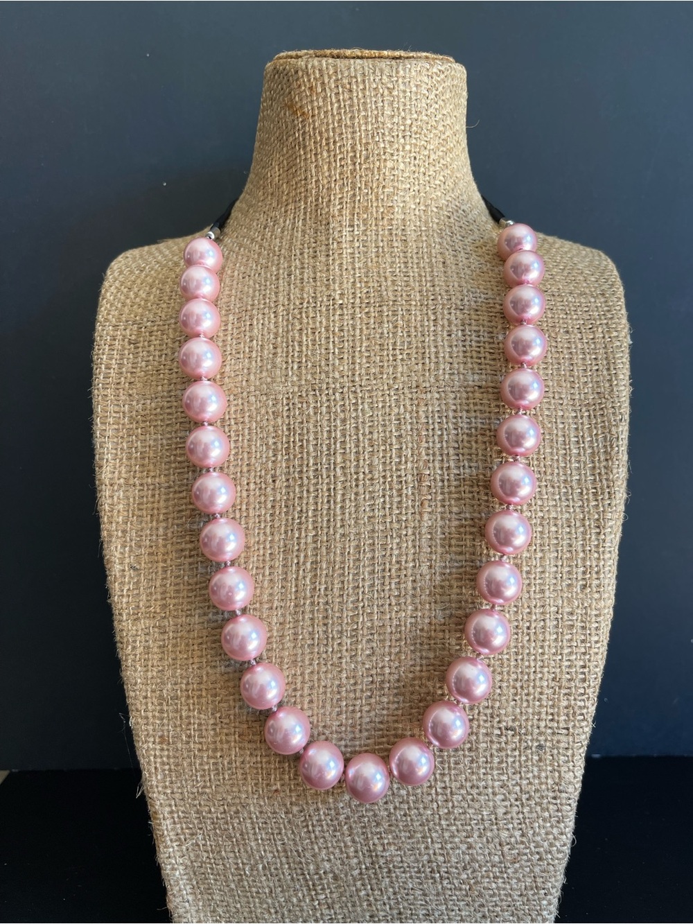 Classic faux Pink Pearl Necklace with black ribbon.
